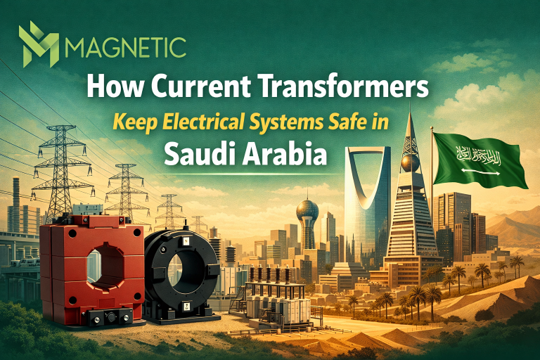 How Current Transformers Keep Electrical Systems Safe in Saudi Arabia – Magneticcontrol blog banner featuring CTs, power grid, and Saudi skyline